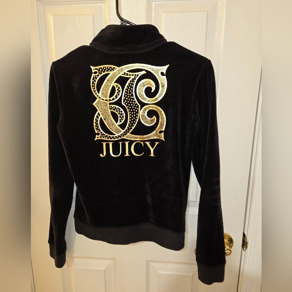 Vintage Y2k Juicy Couture Black Jacket with Gold Crown and Pants Set